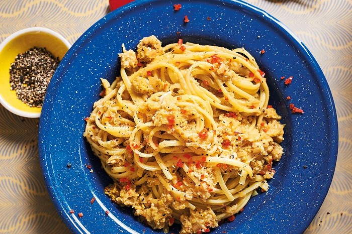 A bowl of crab and saffron linguine