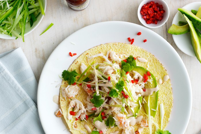 Crab tacos with avocado, coriander and chillies