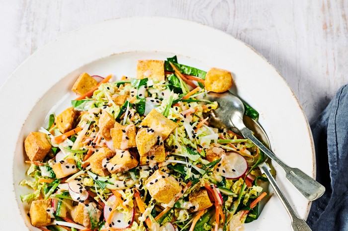 Smoked tofu salad recipe with sesame dressing and veg