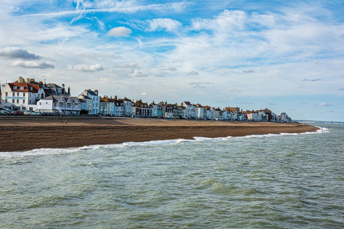 View of the town of Deal from the pebble beach, Kent, England, UK