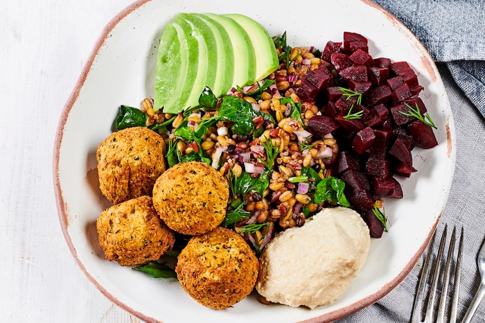 Falafel, Beetroot, Hummus and Grains in a Bowl