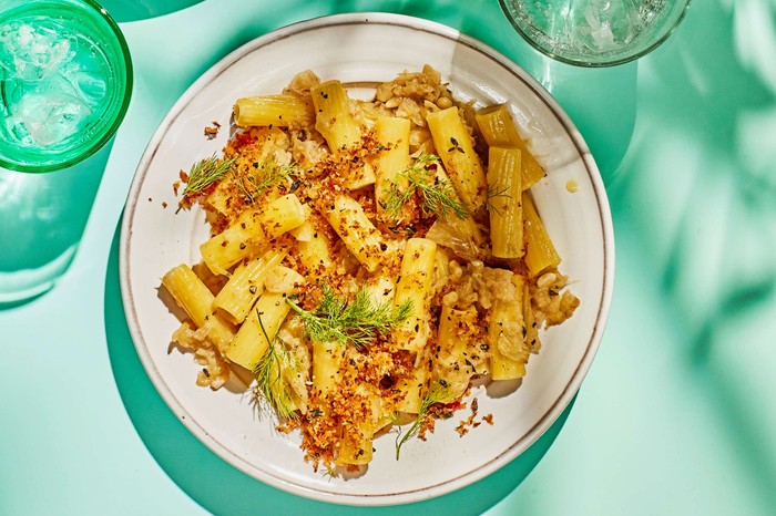 Two bowls of fennel pasta citrus chilli crumb