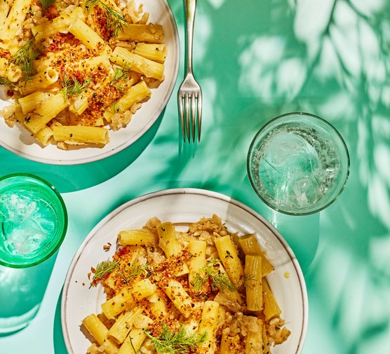 Two bowls of fennel pasta citrus chilli crumb