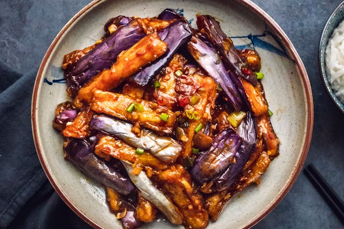 Plate of aubergines in a sticky sauce