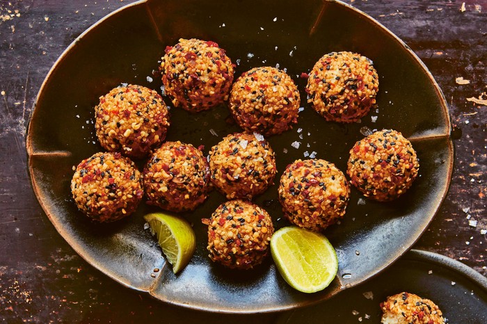 Coated fish balls in an oval-shaped bowl