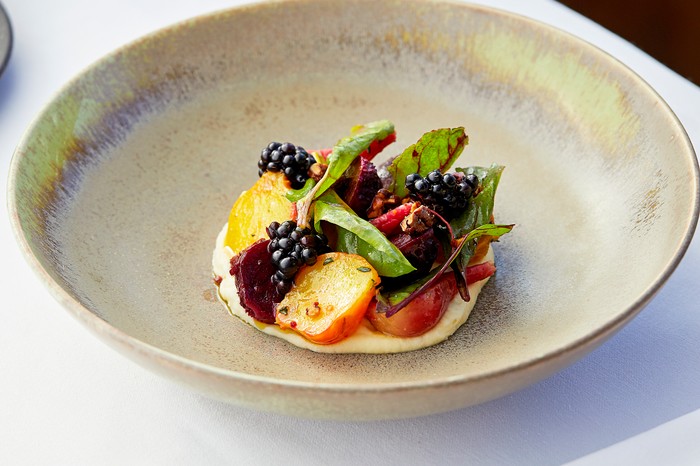 A shallow bowl filled with a layer of goat's curd, purple blackberries and golden beetroot slices