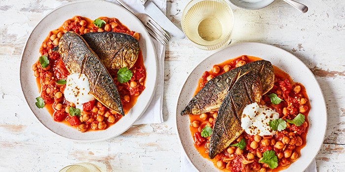 Masala Mackerel with Tamarind Chickpeas in Two Bowls