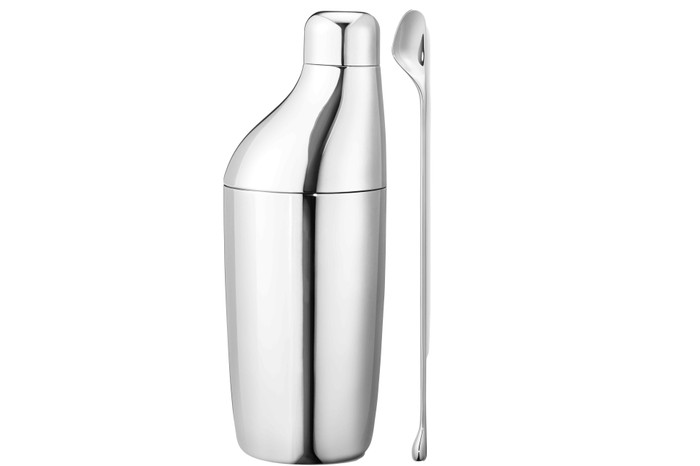 A Georg Jensen cocktail shaker set with a mixing spoon