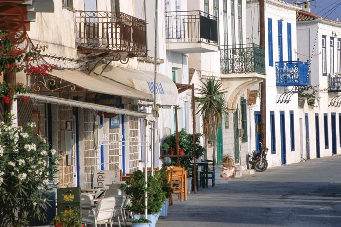 Exterior of balconied houses in Spetses, Peloponnese, Greece