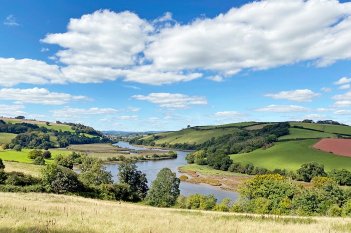 A wide river runs through country fields in the summer sun. Taken of the River Dart from near Totnes, Devon.