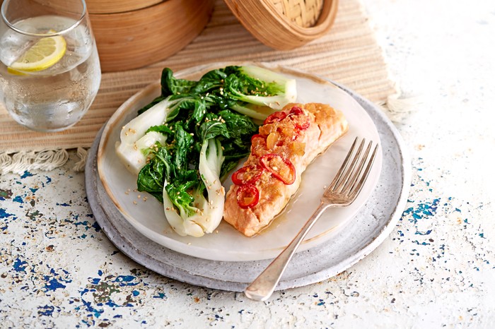 Ginger Salmon Parcels With Sesame Greens