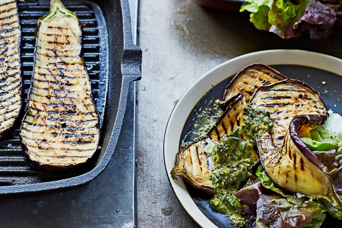 Grilled Aubergine with Red Butterhead and Salsa Verde