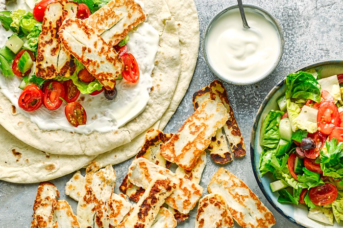 Halloumi and Greek Salad Wraps with Yogurt on the Side