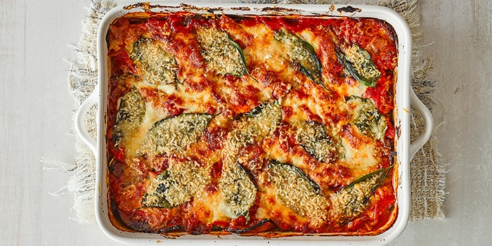 Healthy Aubergine Parmigiana in a White Baking Dish