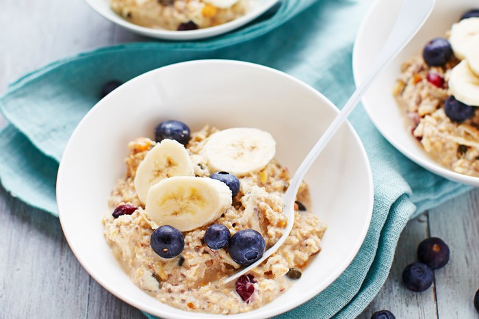 Bowl of Bircher Muesli with Blueberries, Banana and Chia Seeds