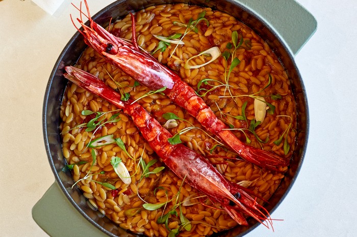 Carabineros prawns: Orzo, bisque, coriander