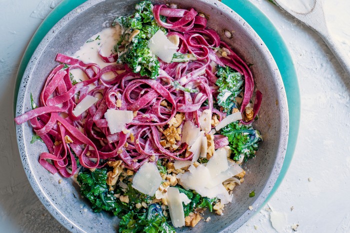 Beetroot Tagliatelle With Kalettes, Garlic And Cream Recipe
