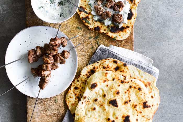 Lamb Skewers Recipe with Flatbreads and Garlic Yogurt