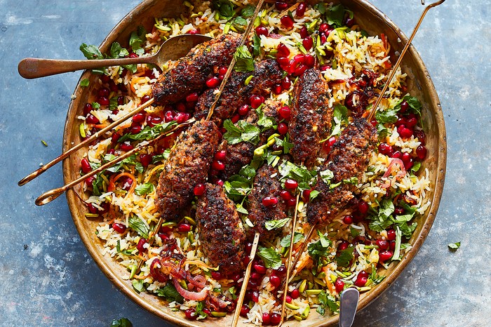 A platter of lamb koftas with pomegranate rice