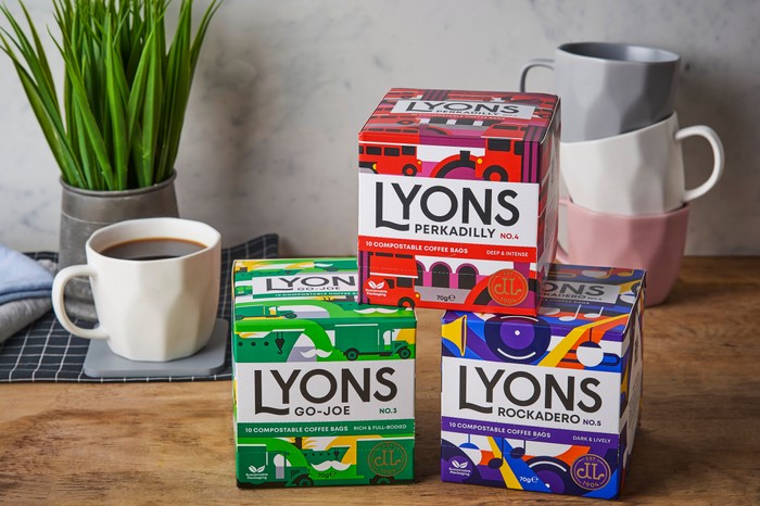 Three different packs of Lyons coffee bags