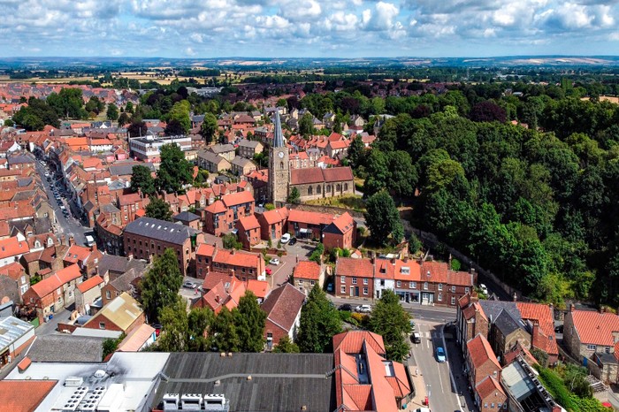 Aerial view of the market town of Malton in North Yorkshire in the northeast of England.