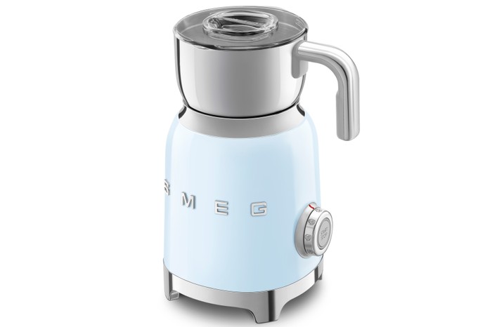 A light blue milk frother with a silver handle against a white backdrop