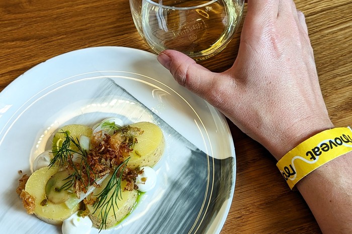 A plate of potatoes and a glass of wine with a person's hand with a yellow Moveat wristband