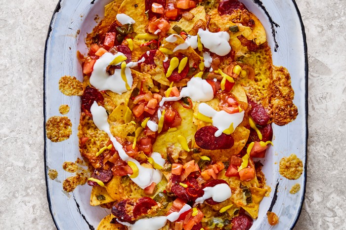 Caramelised onion and chorizo nachos