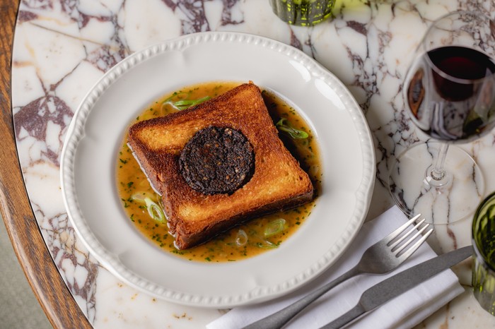 Black Pudding Brioche dish at Nessa restaurant in Soho