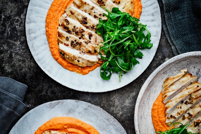 Chicken and hummus on a plate