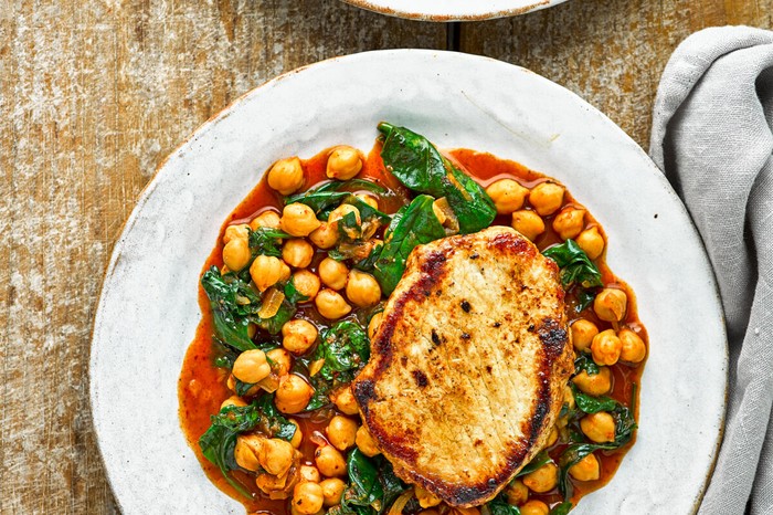 Seared pork loin with harissa chickpeas