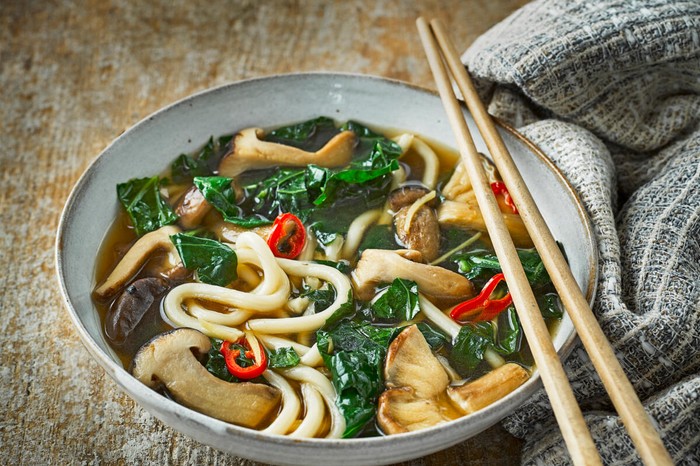 Spring green udon noodles