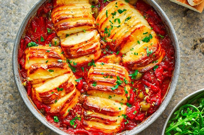 Hasselback halloumi traybake