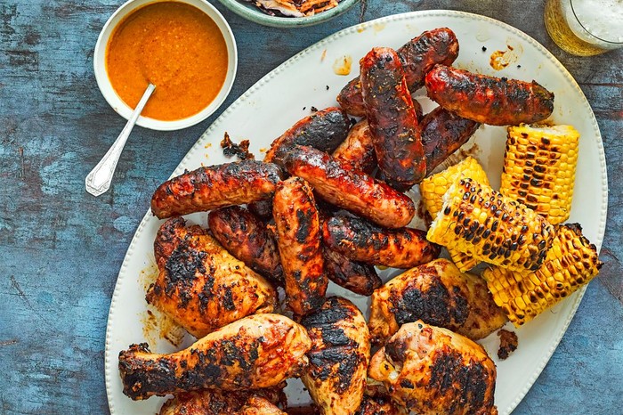 Barbecue chicken and sausages with Carolina mustard BBQ sauce