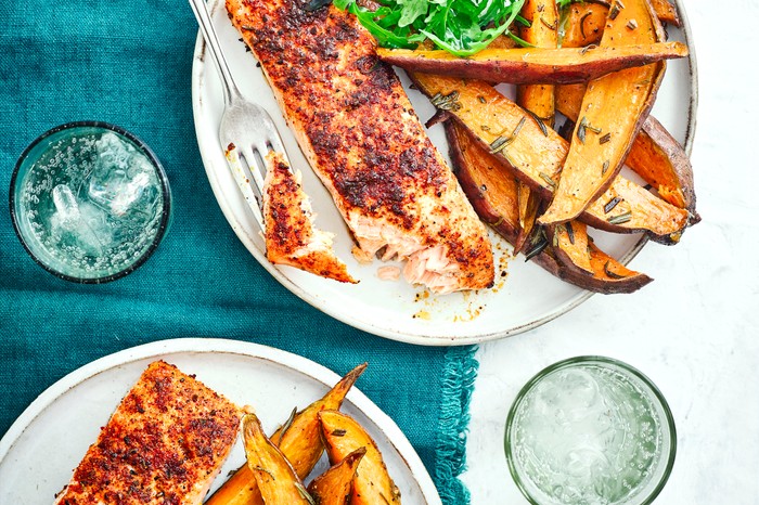 Cajun salmon with rosemary sweet potato wedges