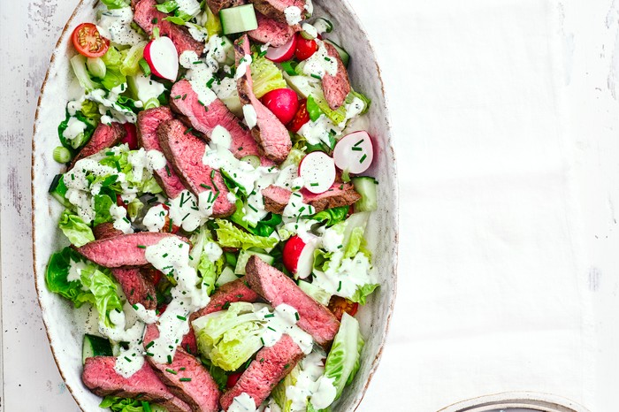 Chargrilled steak with chopped salad and blue-cheese dressing