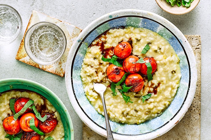 Risotto with Cheddar Cheese Recipe with Balsamic Tomatoes and Onions