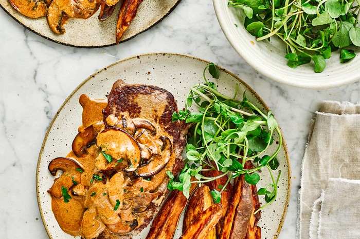 Steak Recipe with Stroganoff Steak Sauce and Sweet Potato Wedges