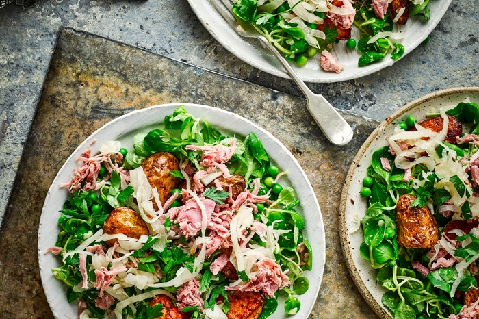 Pea and Ham Hock Salad Recipe with Crispy Spuds and Sauerkraut