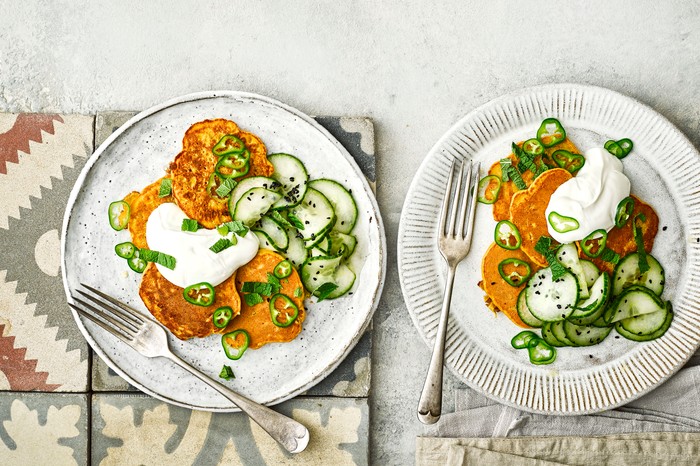 Chickpea Fritters Recipe with Yogurt, Green Chilli and Cucumber Salad