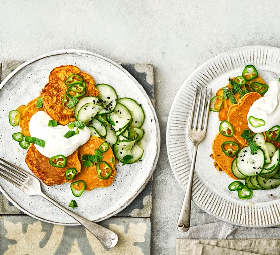 Chickpea Fritters Recipe with Yogurt, Green Chilli and Cucumber Salad