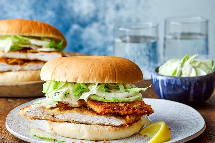 Chicken schnitzel burgers with apple and fennel slaw