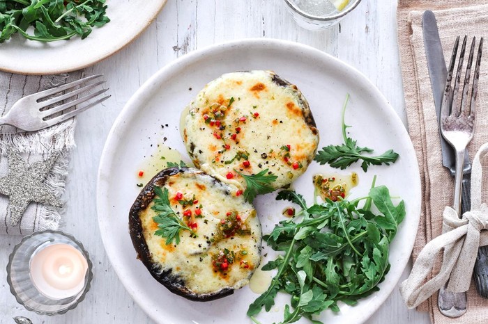 Rarebit-stuffed mushrooms with pickle dressing