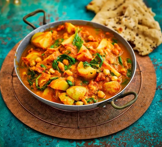 Spinach, Chickpea and Potato Curry in a Silver Pan