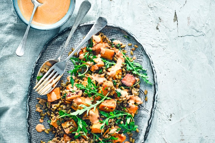 Roasted sweet potato recipe with freekeh grain salad