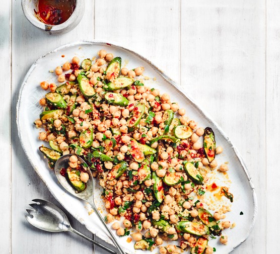 Roasted Courgette Salad with Chickpeas on a White Plate