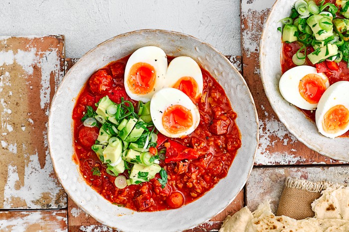 Chorizo Baked Eggs with Chopped Avocado in a Bowl