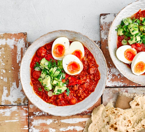 Chorizo Baked Eggs with Chopped Avocado in a Bowl