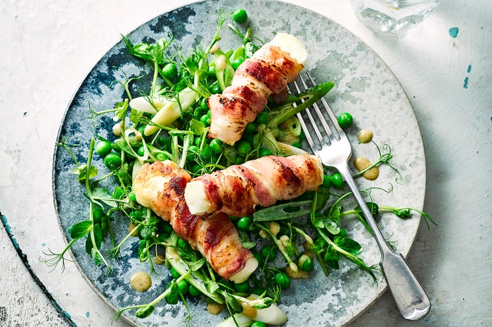 Bacon-Wrapped Halloumi Recipe with Pea Salad