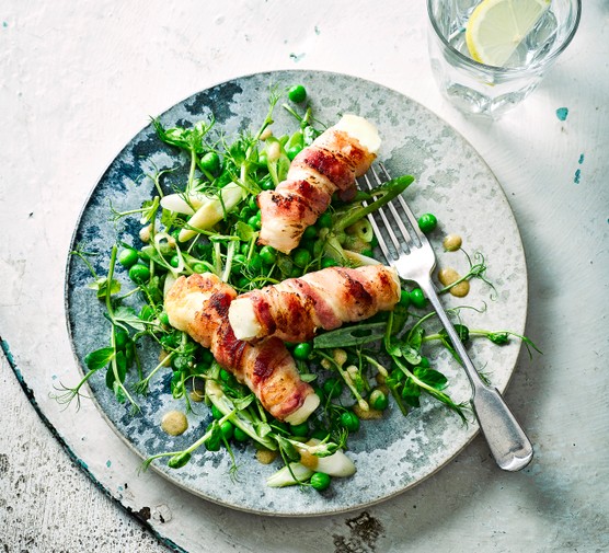 Bacon-Wrapped Halloumi Recipe with Pea Salad Bacon-Wrapped Halloumi Recipe with Pea Salad